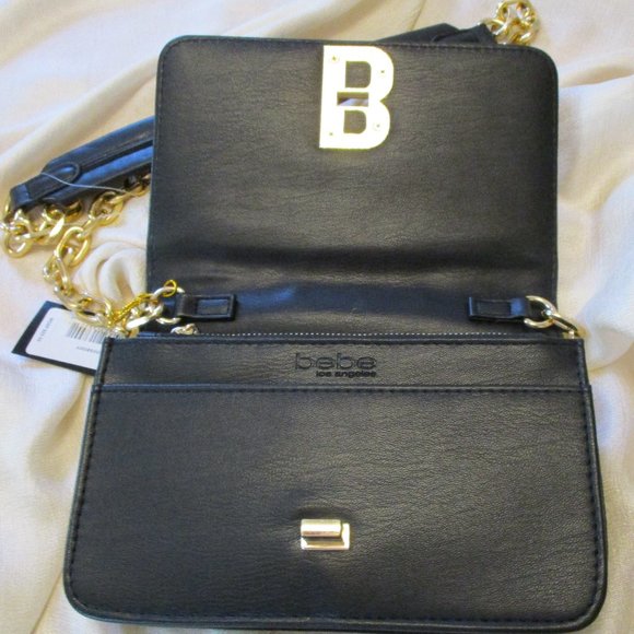bebe Bags Bebe Faux Leather Black Crossbody Bag Gold Chain Strap
